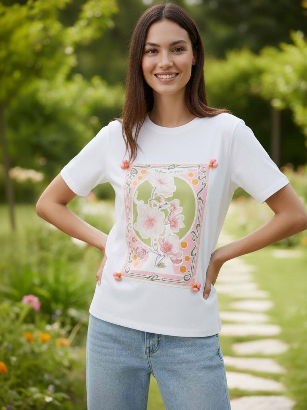 GENZILOOKS Women Floral Printed Organic Cotton T-shirt