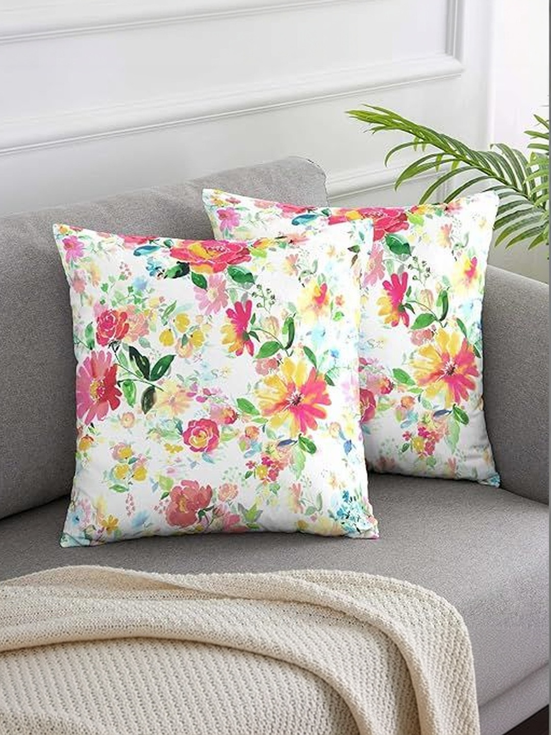 KNOTTING HOME White & Pink Set of 2 Floral Velvet Square Cushion Covers