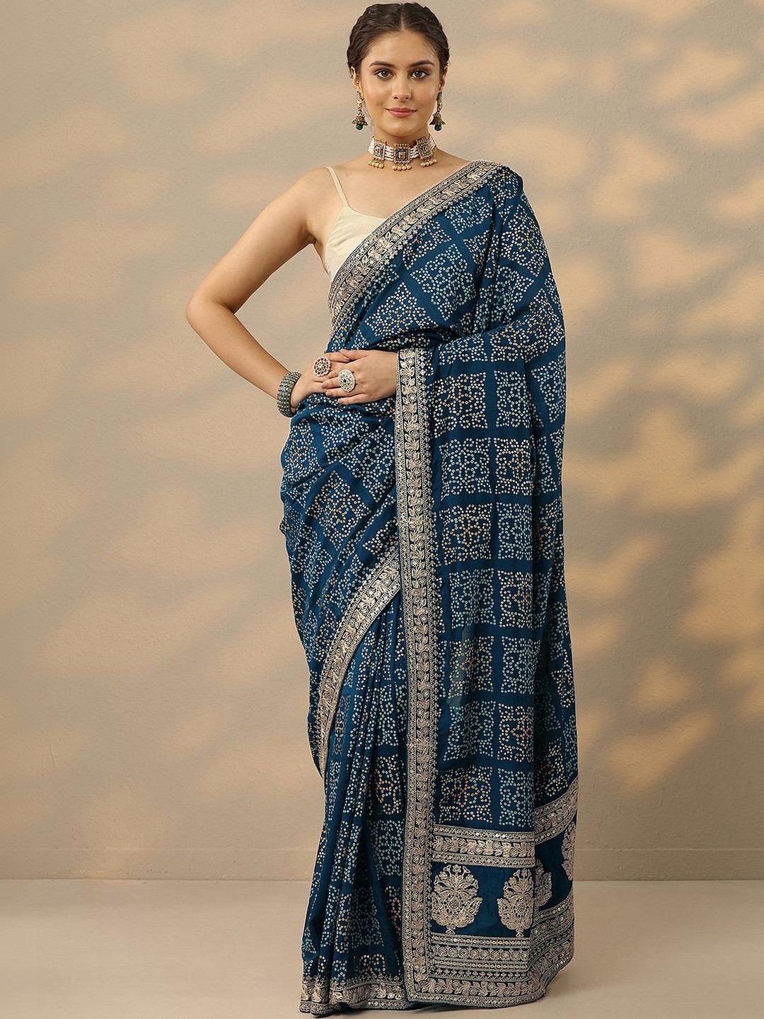 Libas Blue Bandhani Printed Saree With Unstitched Blouse Piece