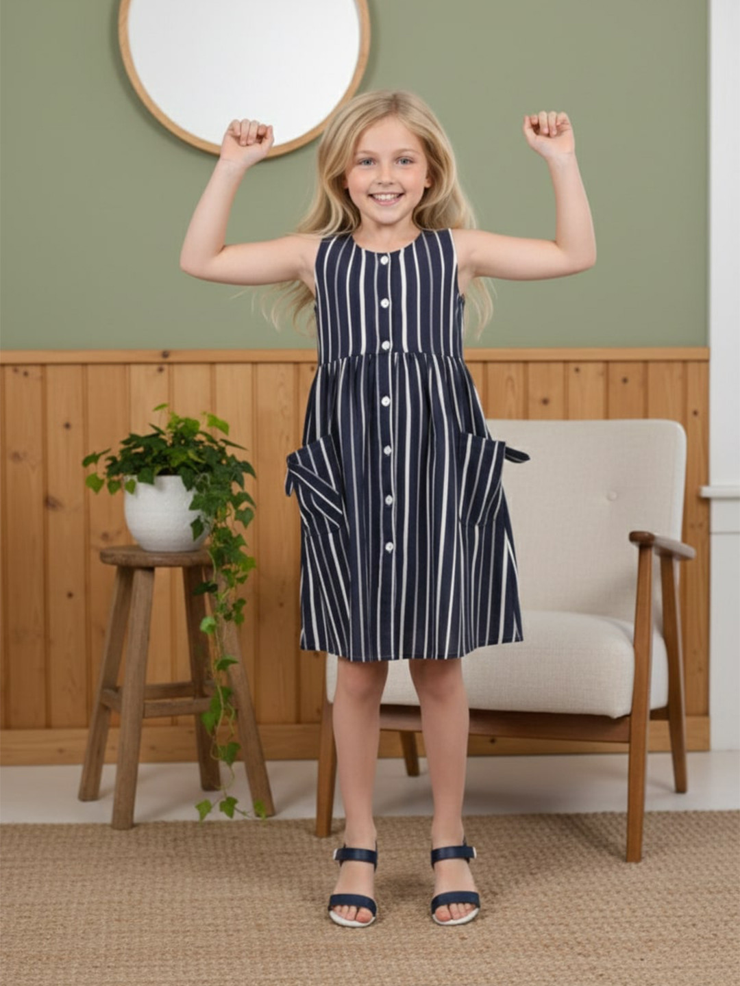 GIANNA Girls Striped Cotton A-Line Midi Dress