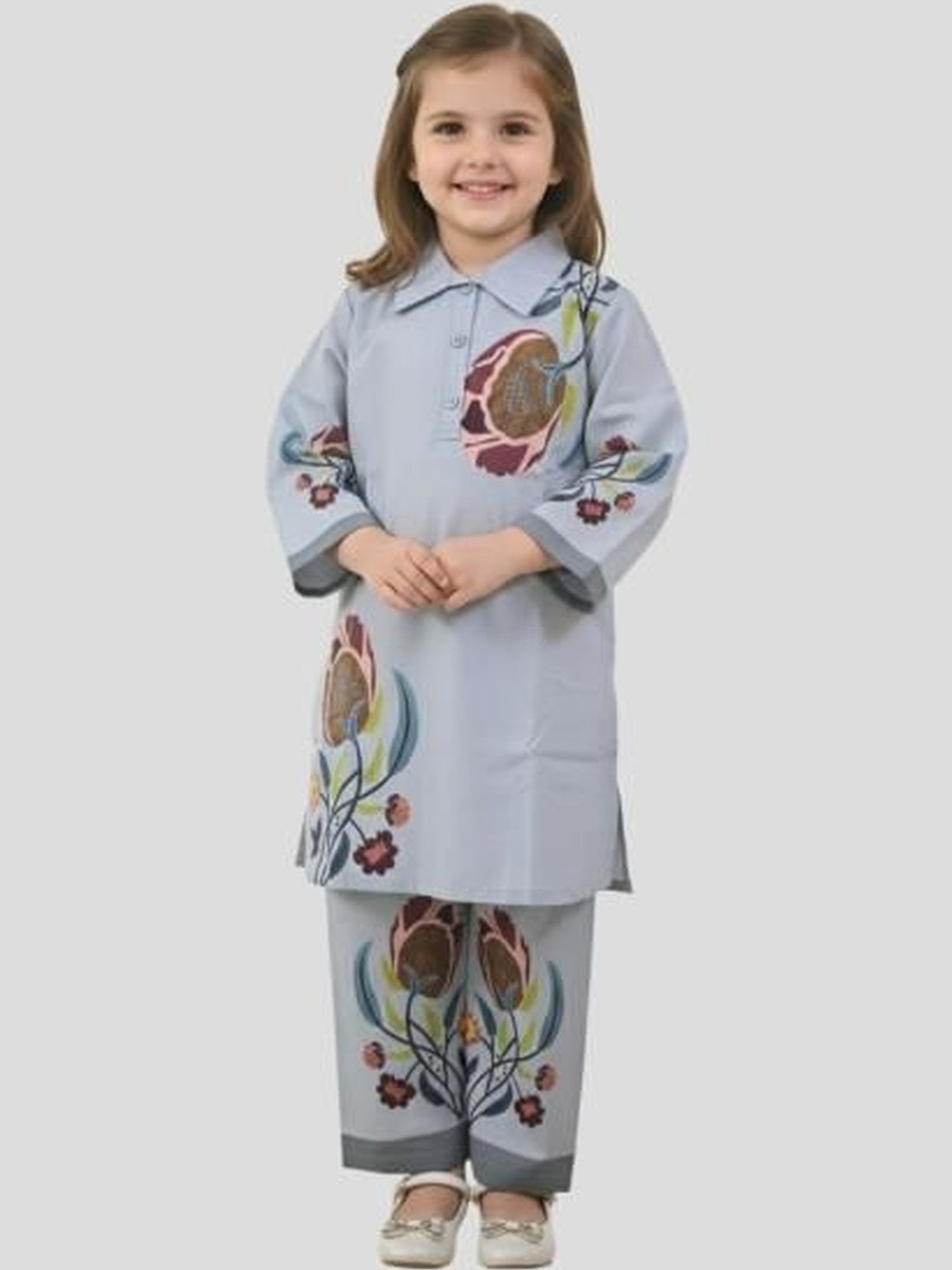 SOLACEACTIVE Girls Printed Shirt Collar Tunic & Trousers Clothing Set