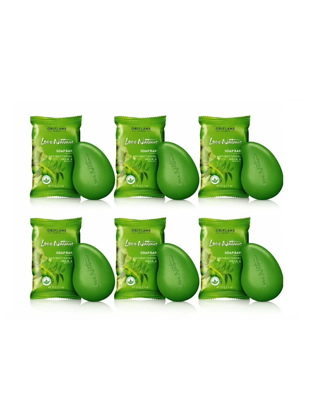 Oriflame Set Of 6 Love Nature Soap Bar With Neem & Basil-Organic Antibacterial - 75 g Each