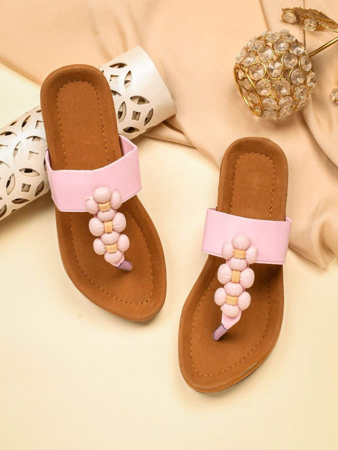 AMAZING TRADERS Women Striped Open Toe Flats with Embroidered