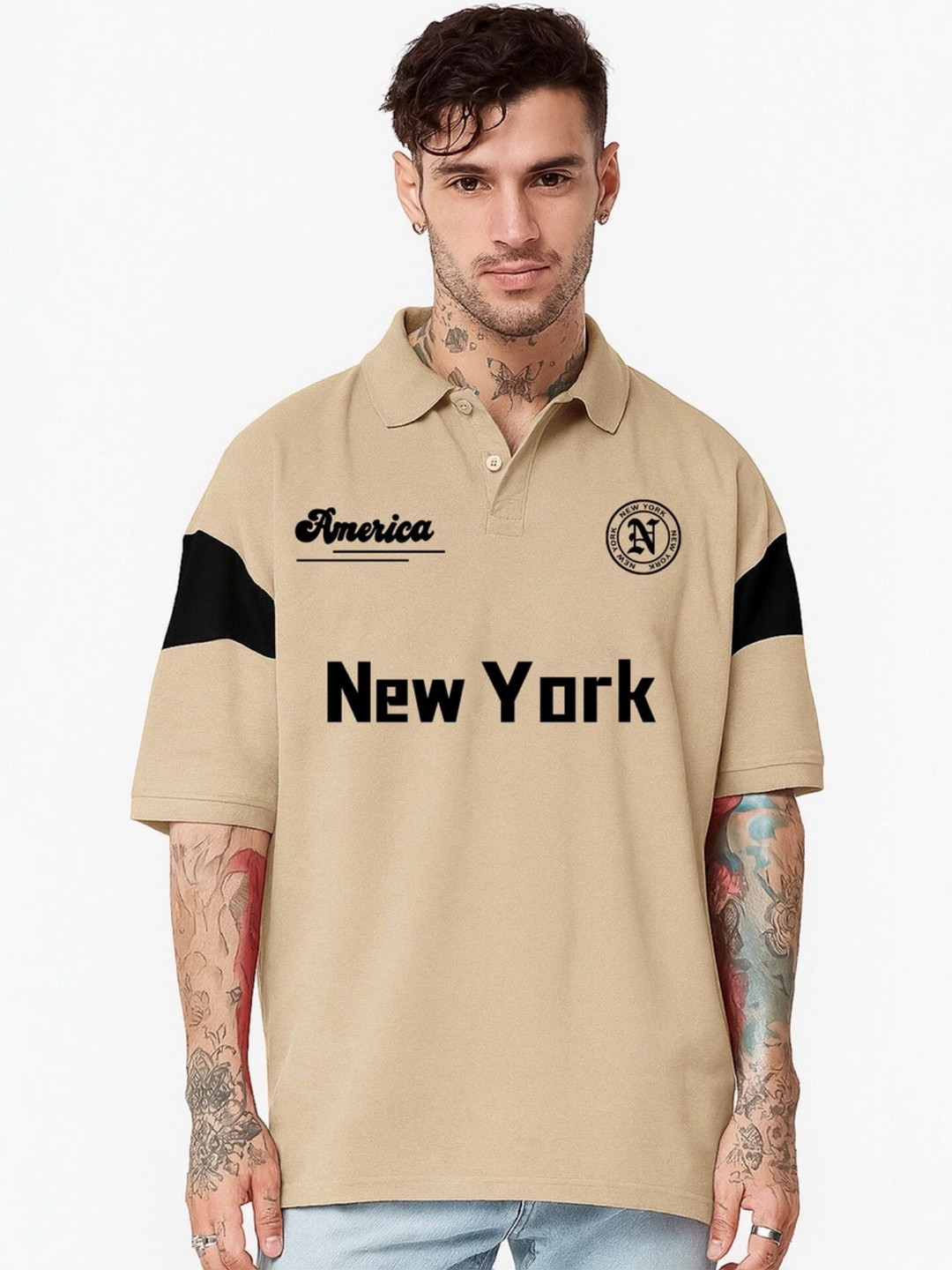 AVEJO Men Typography Colourblocked Polo Collar T-shirt