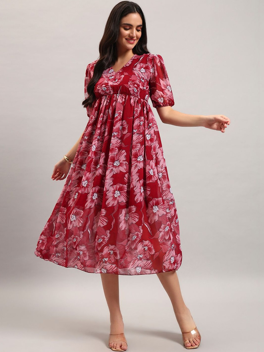 VALUE CREATION Floral Print Puff Sleeve Georgette A-Line Midi Dress