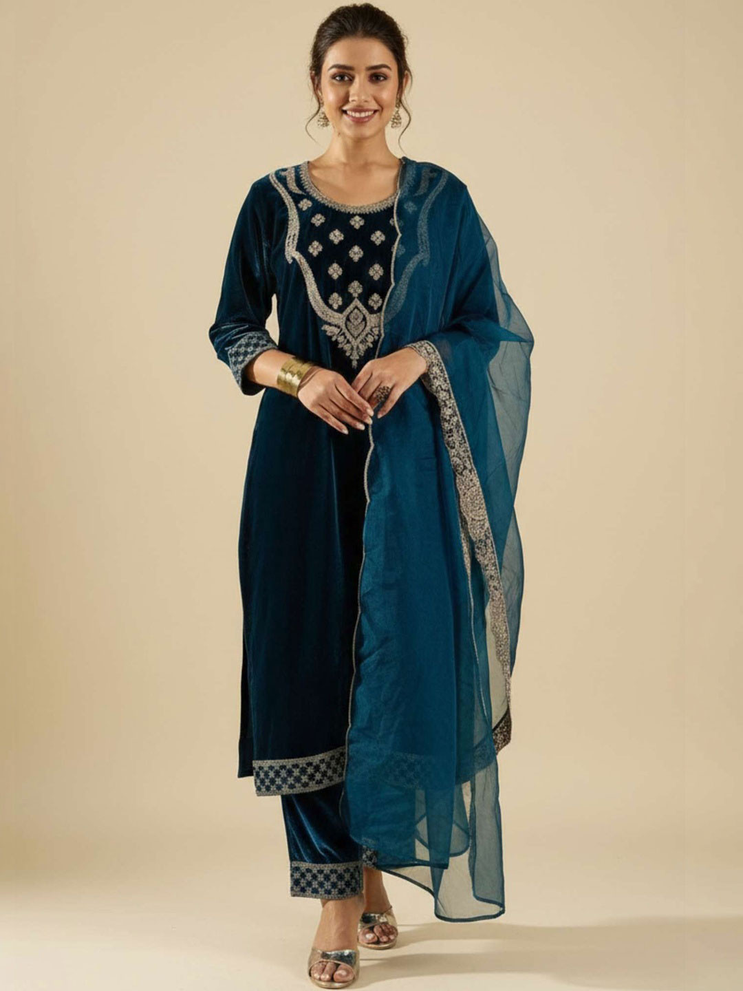 TRYAMBAKAM Women Ethnic Motifs Embroidered Regular Thread Work Velvet Kurta with Trousers & With Dupatta