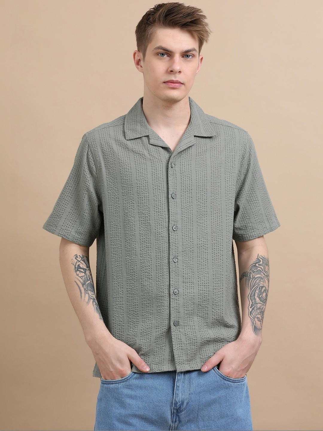 GLORYBOYZ Men Textured Seersucker Resort Cotton Half Sleeve Shirt