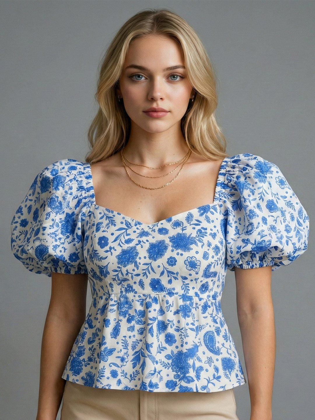 NiloBerry Floral Print Puff Sleeve Peplum Top