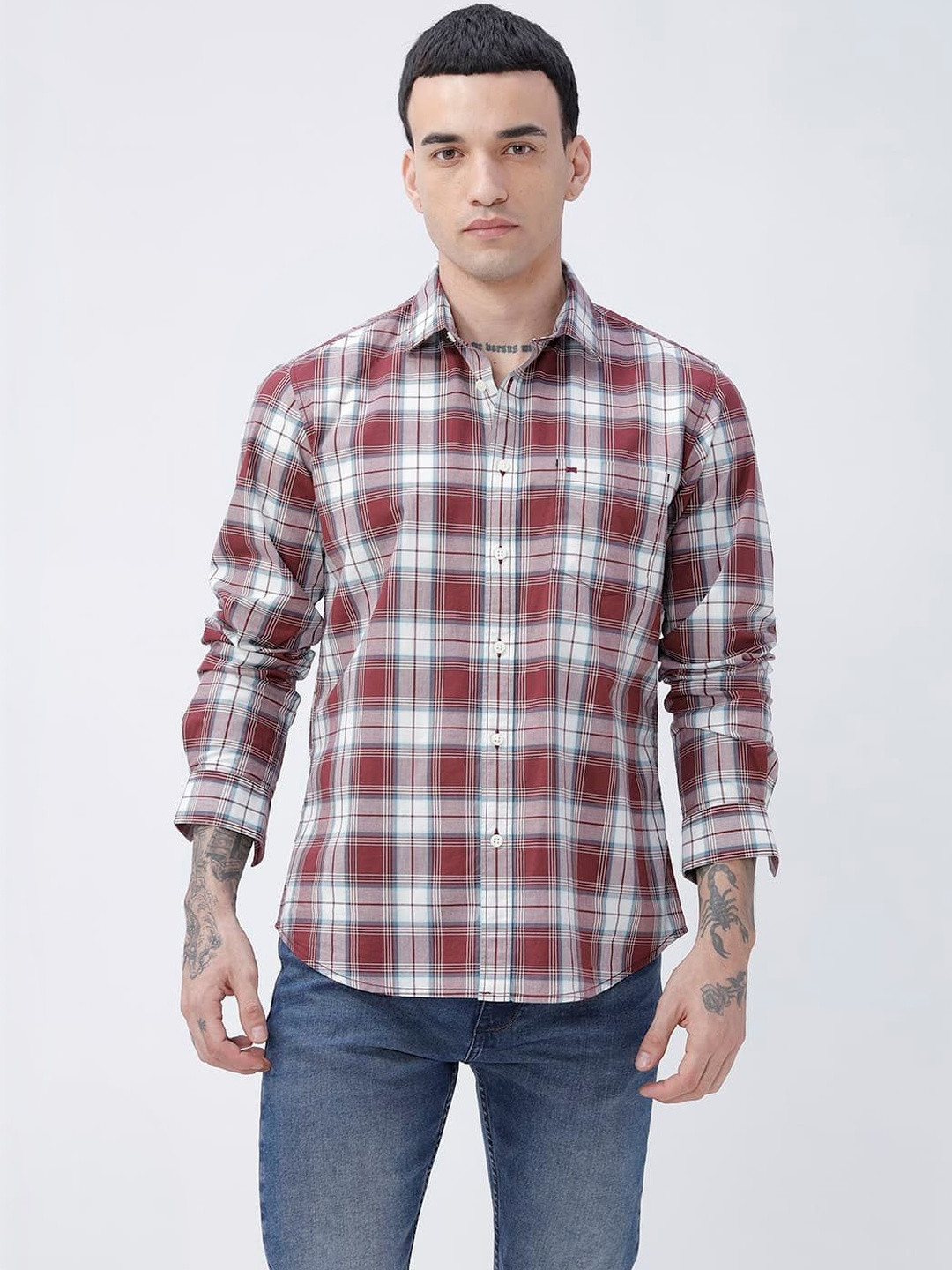 Basics Men Comfort Slim Fit Gingham Checks Checked Casual Shirt