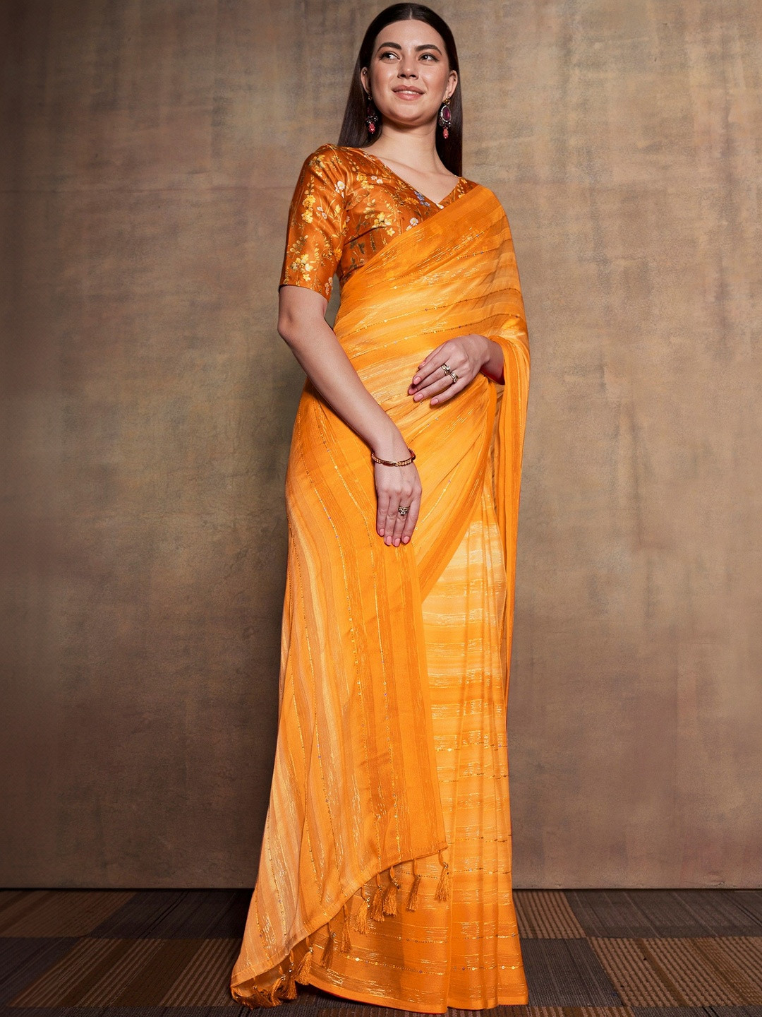 TASRIKA Striped Sequinned Poly Chiffon Designer Saree