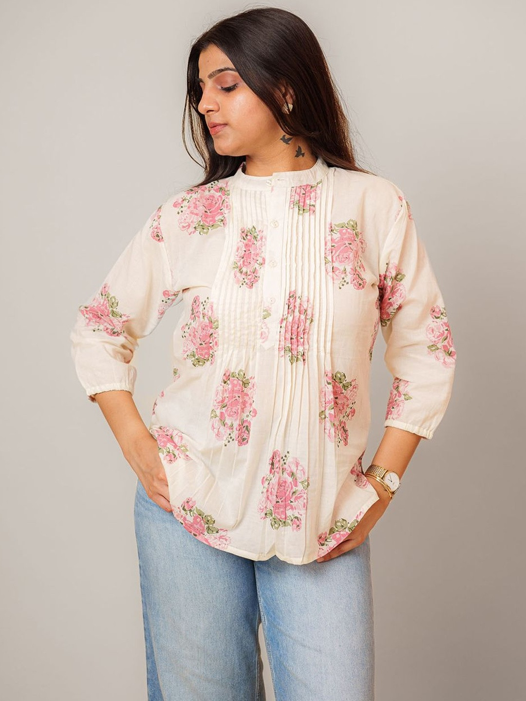 SITU Floral Print Mandarin Collar Cotton Top