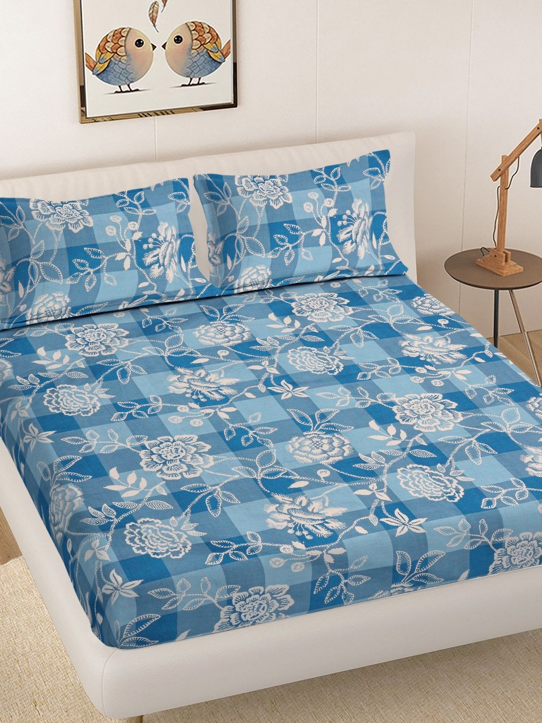 Myntra Elegant Homes Blue Floral 300 TC King Bedsheet With 2 Pillow Covers