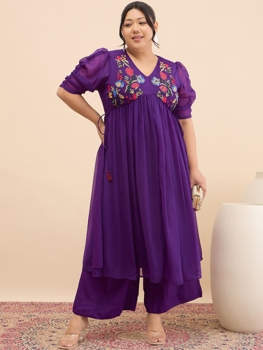 Antheaa Curve Embroidered V-Neck Top & Palazzos Co-Ords