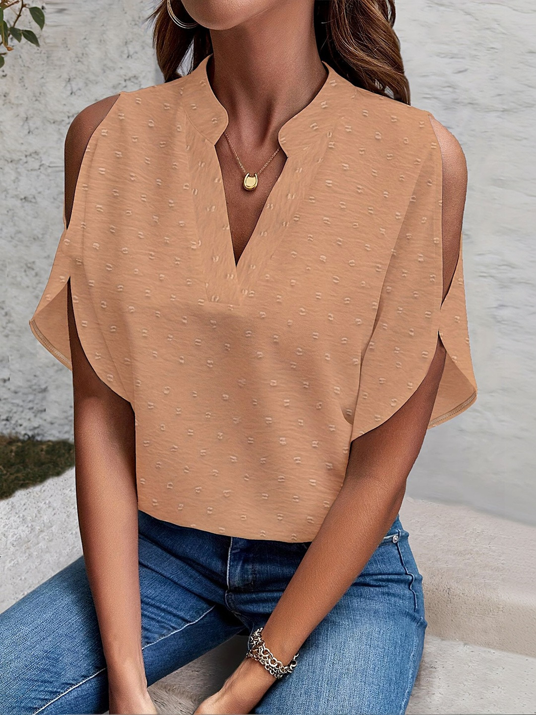 Khaki V-Neck Short Sleeve Top