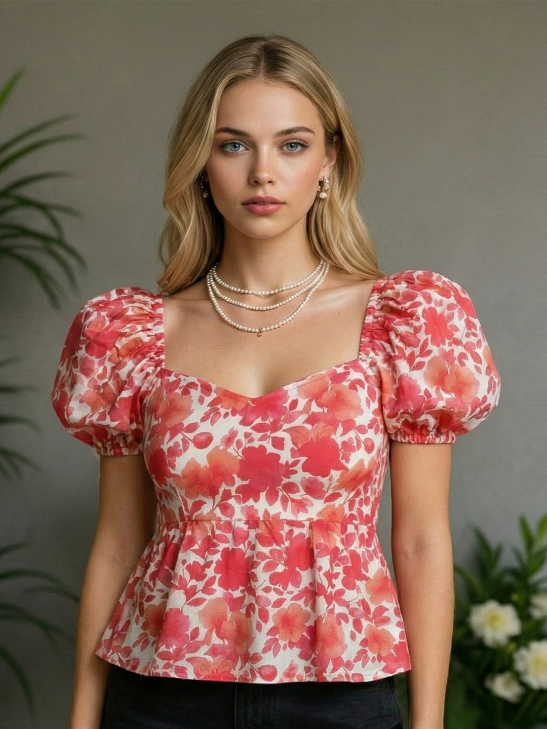 NiloBerry Floral Print Sweetheart Neck Puff Sleeve Peplum Top