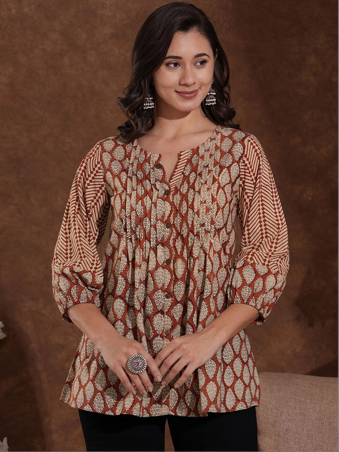 KAMI KUBI Print Bishop Sleeves Ethnic Cotton Top