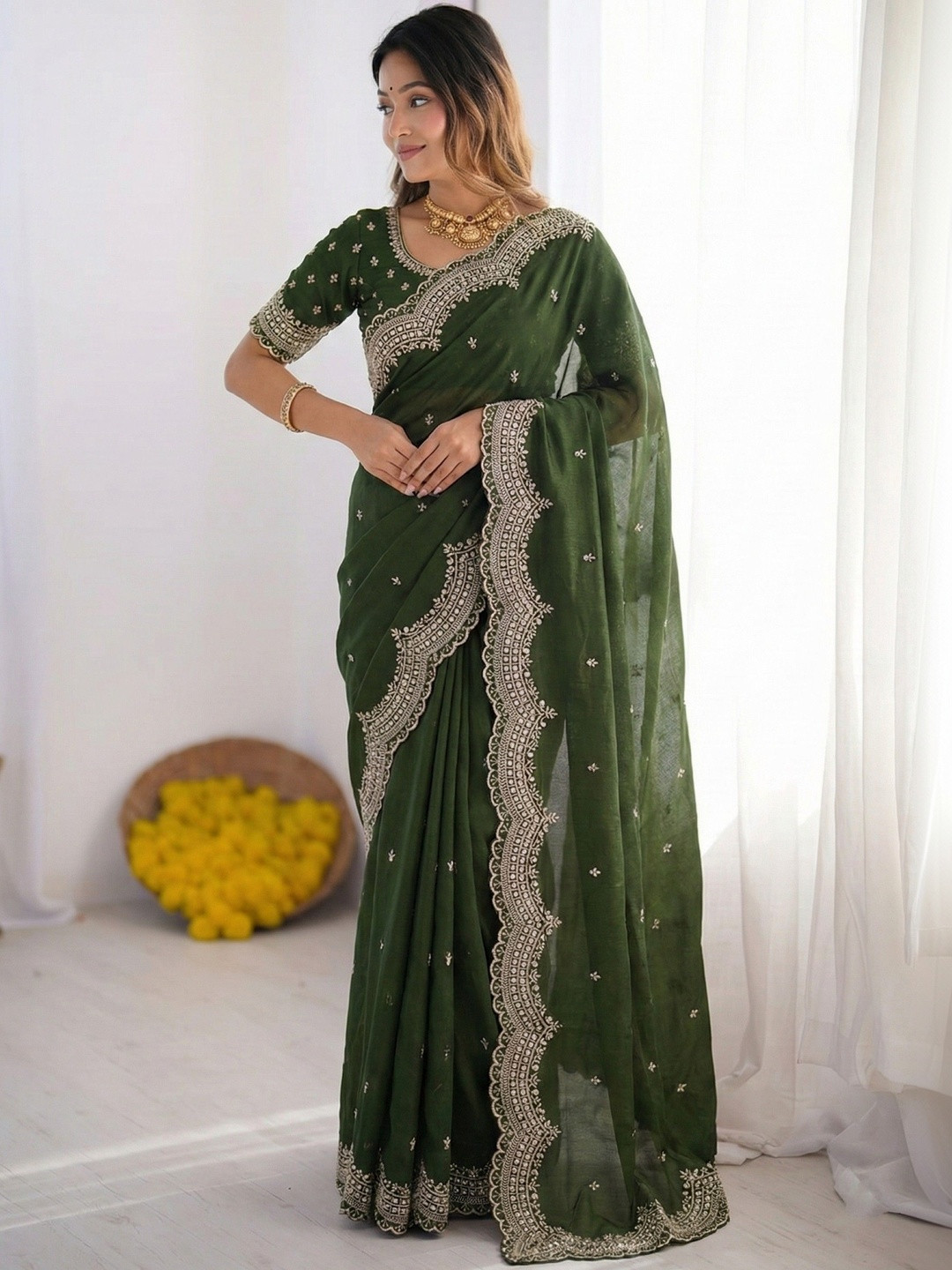 Mitera Embellished Embroidered Poly Georgette Heavy Work Saree