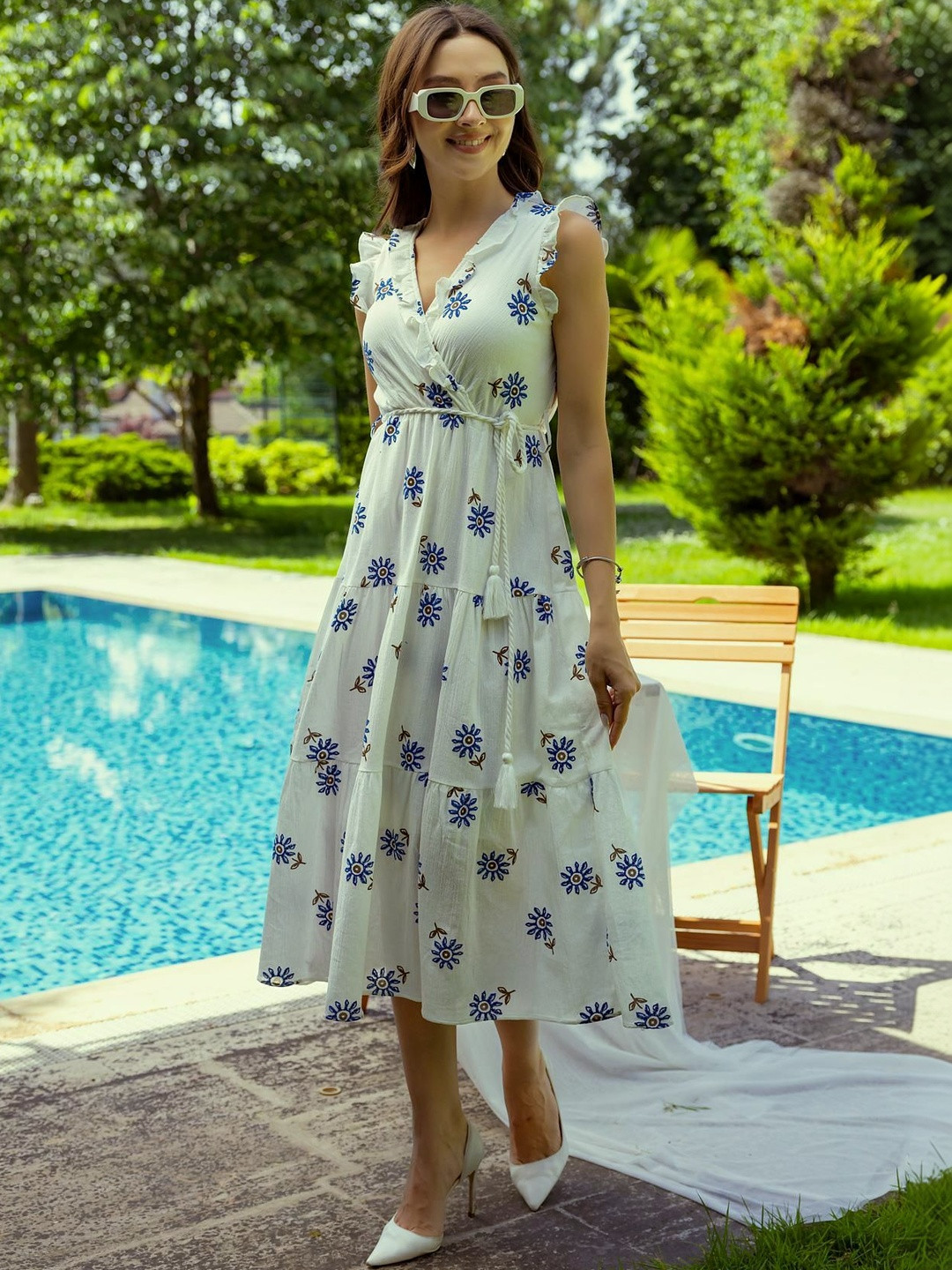 PIMU Floral Print Flutter Sleeve A-Line Midi Dress