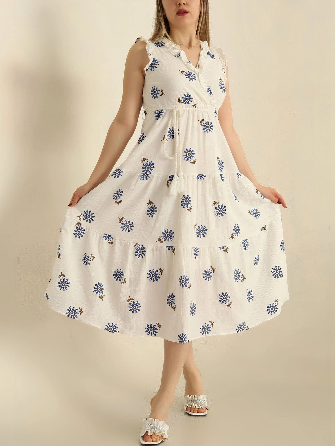 PIMU Floral Print Flared Sleeve A-Line Midi Dress