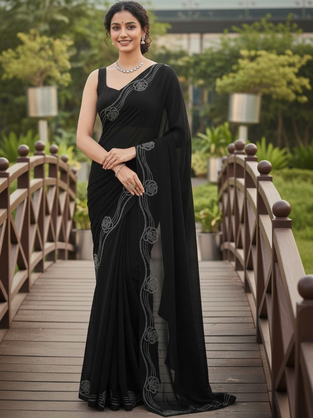 YUGAVEERAA Ethnic Motifs Beads and Stones Pure Georgette Designer Saree