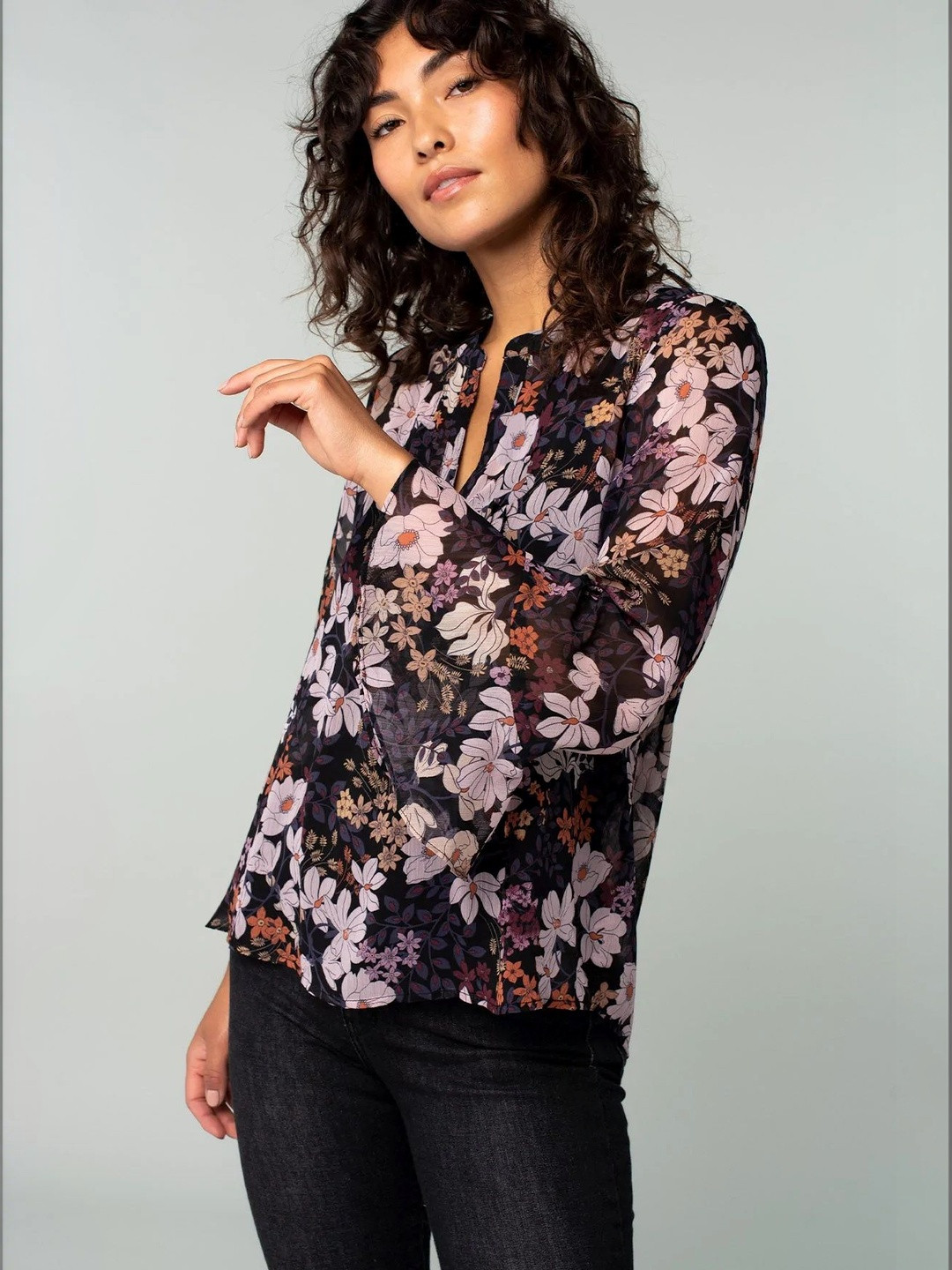 Floral Print V-Neck Bell Sleeve Top