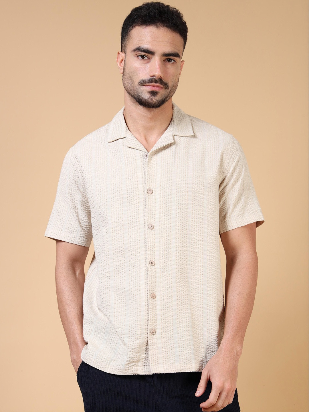 GLORYBOYZ Men Textured Seersucker Resort Cotton Half Sleeve Shirt