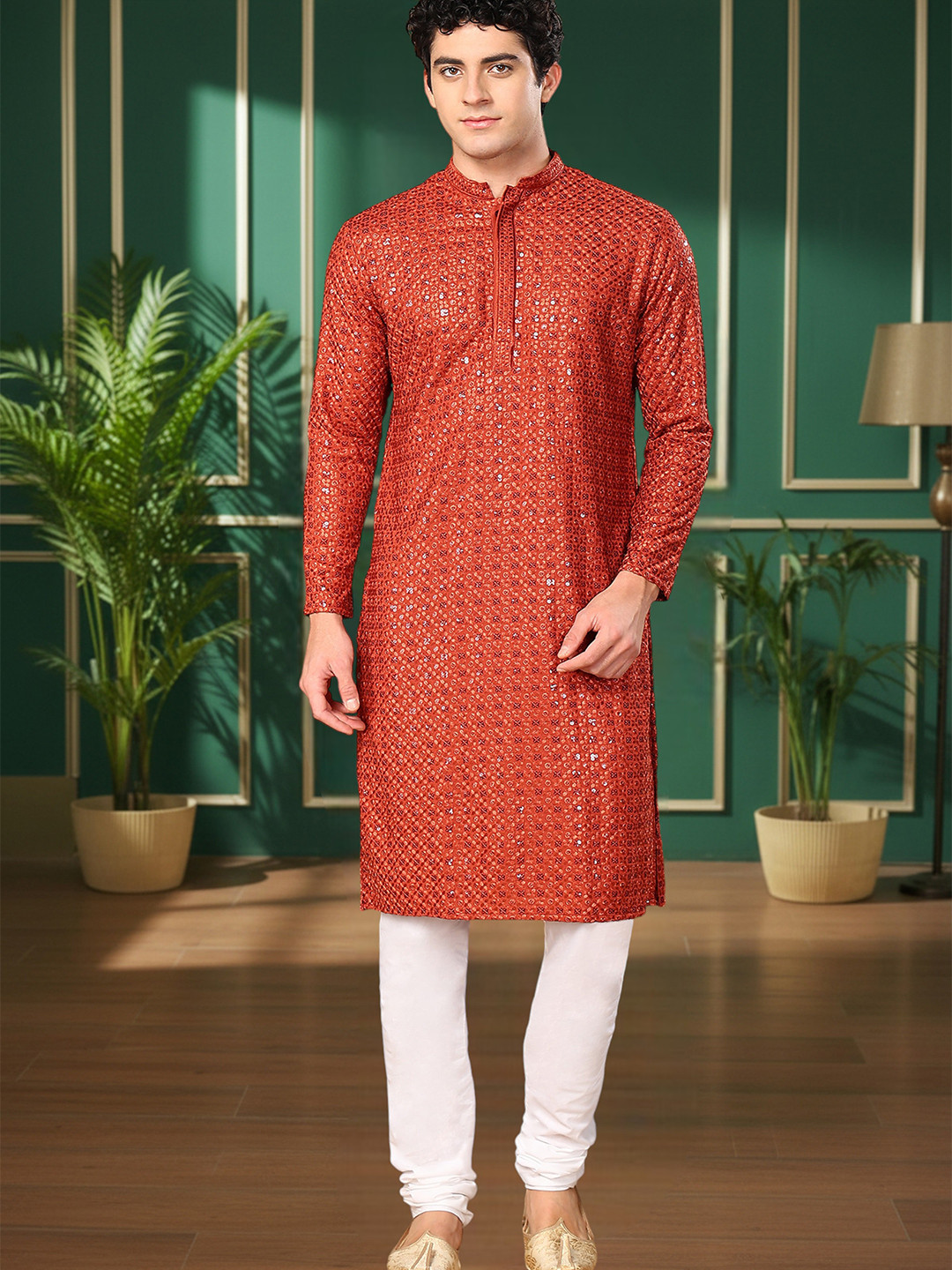 TATTVA Embroidered Thread Work Mandarin Collar Straight Kurta