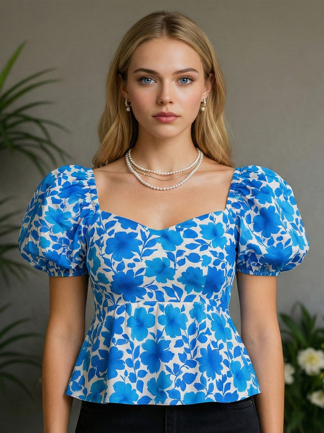 NiloBerry Floral Print Puff Sleeve Peplum Top