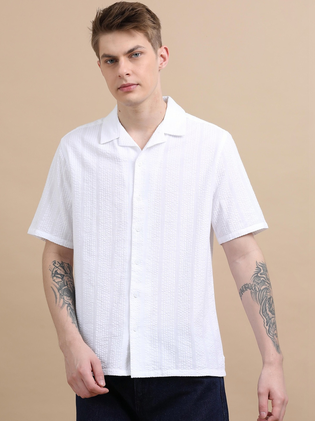GLORYBOYZ Men Textured Seersucker Resort Cotton Half Sleeve Shirt