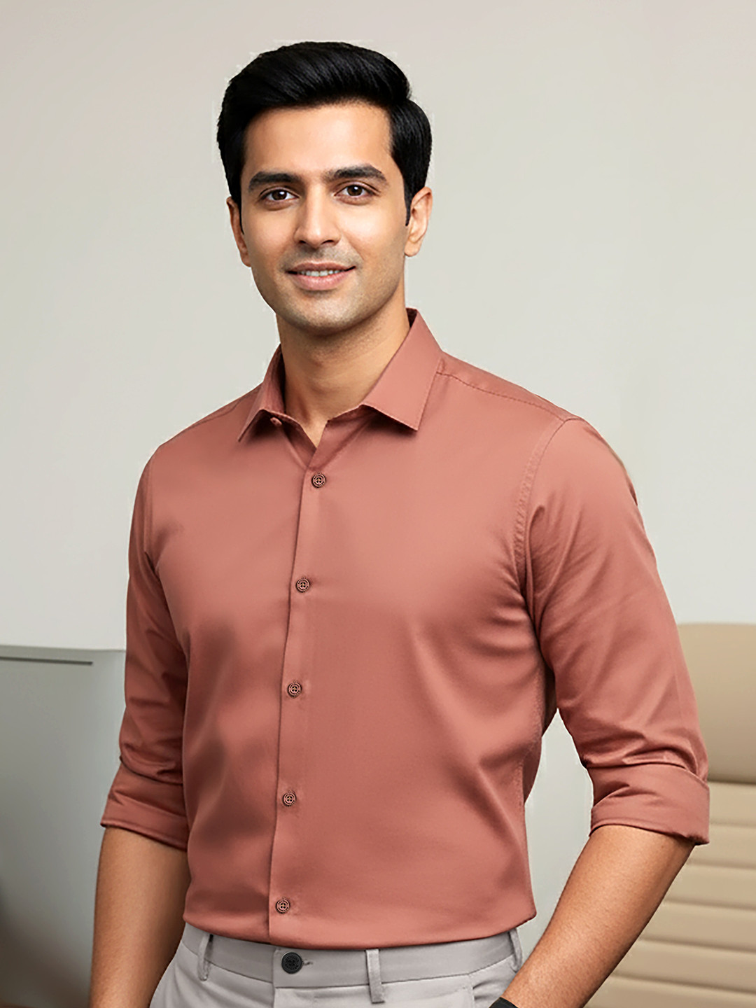 Beyoung Men Spread Collar Solid Cotton Slim Fit Casual Shirt