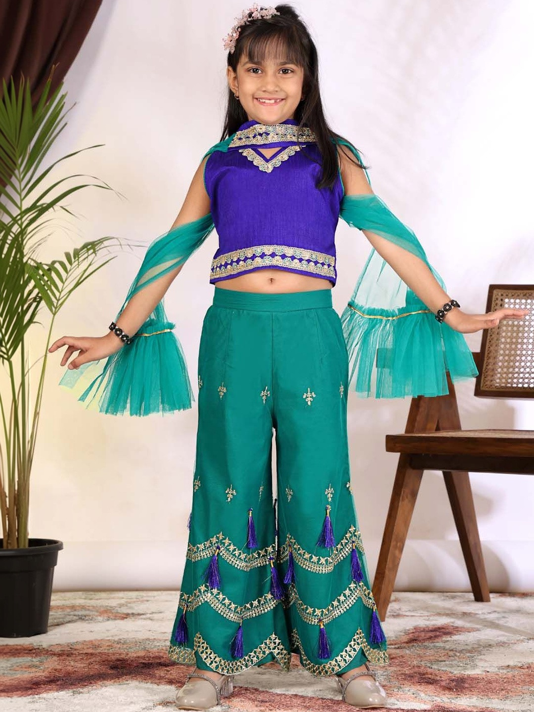 BAESD Girls Embroidered Regular Sequinned Top with Palazzos & With Dupatta