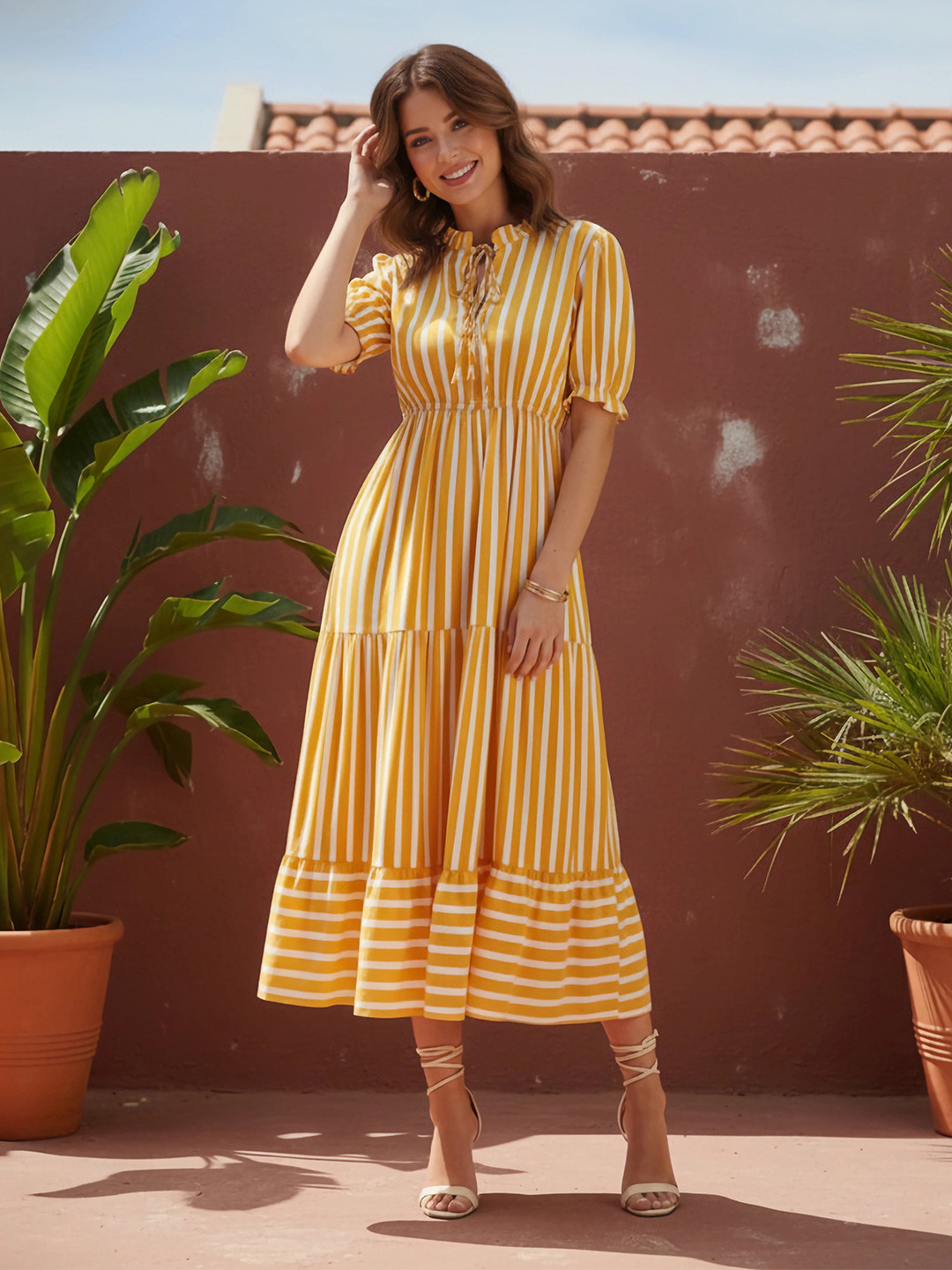 Berrylush Yellow Striped Tie-Up Neck Puff Sleeves Gathered Tiered Fit & Flare Midi Dress