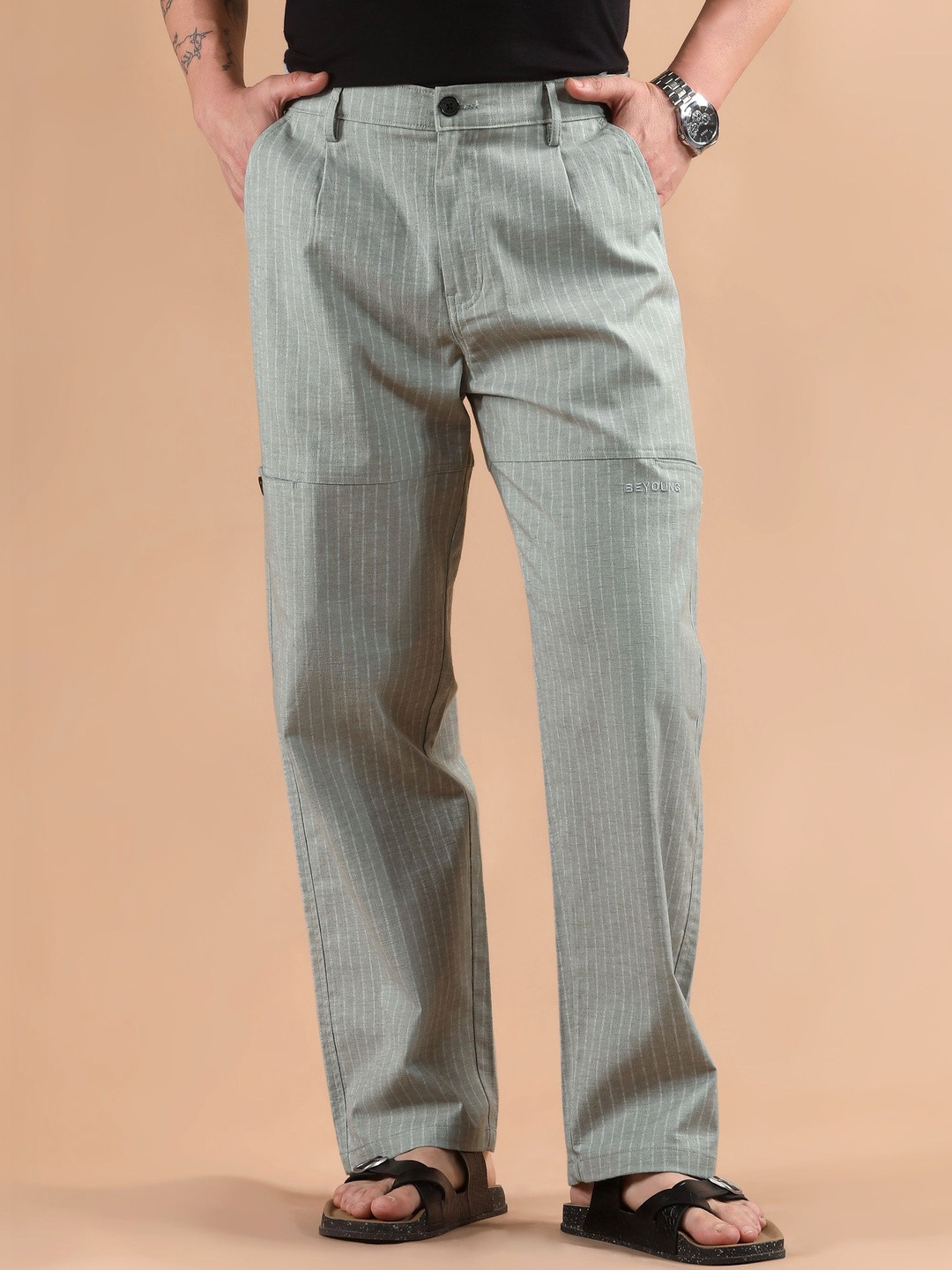 Beyoung Seafoam Striped Loose Fit Cargo Trousers
