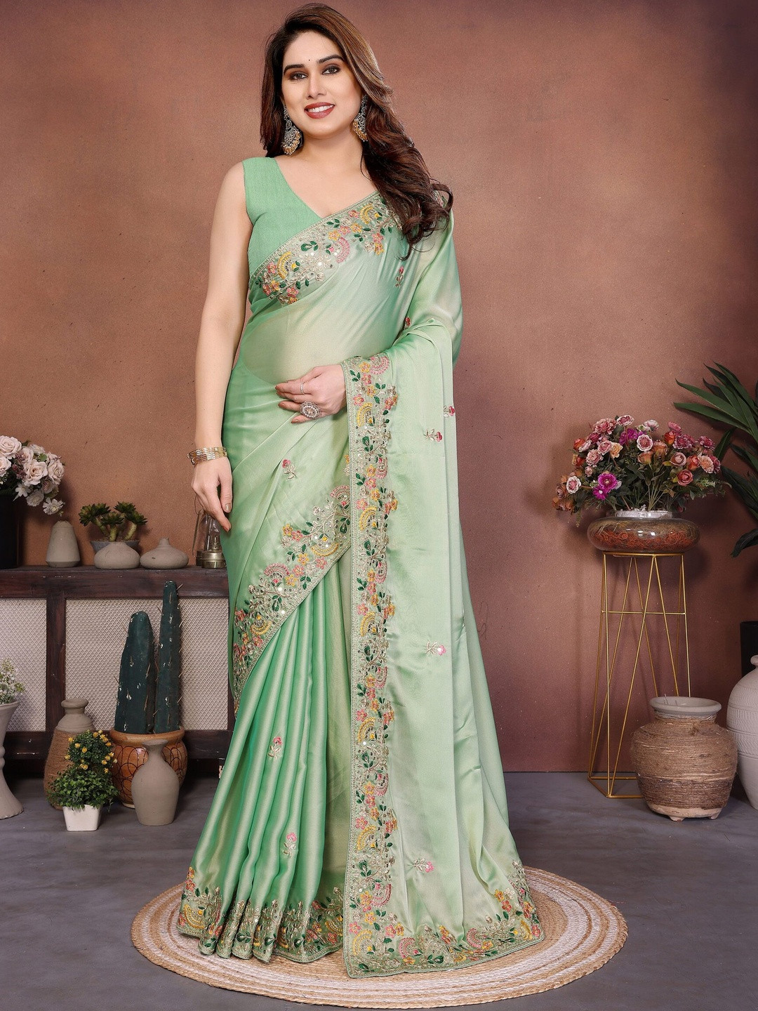 House of Pataudi Embroidered Saree With Unstitched Blouse