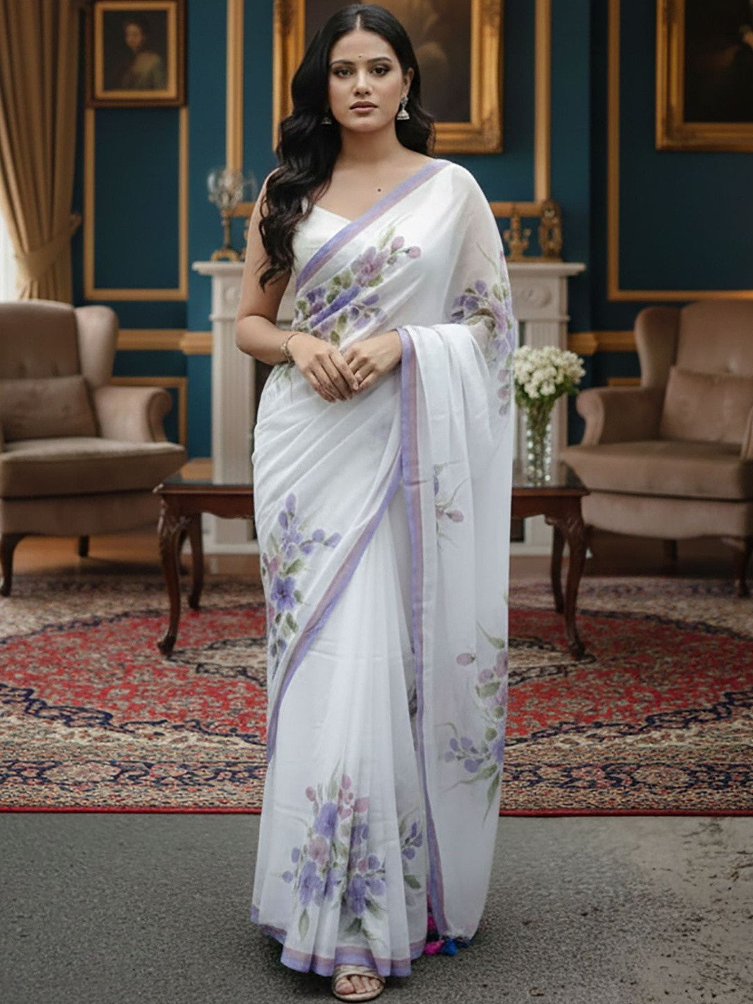 Mitera Floral Linen Blend Designer Block Print Saree