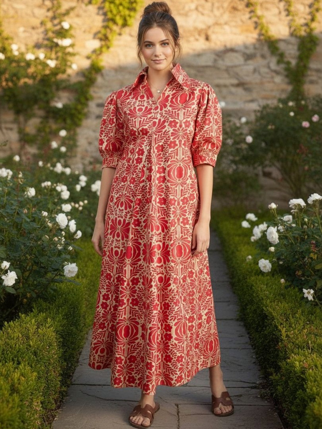 Bohemian Floral Print Puff Sleeve Maxi Dress