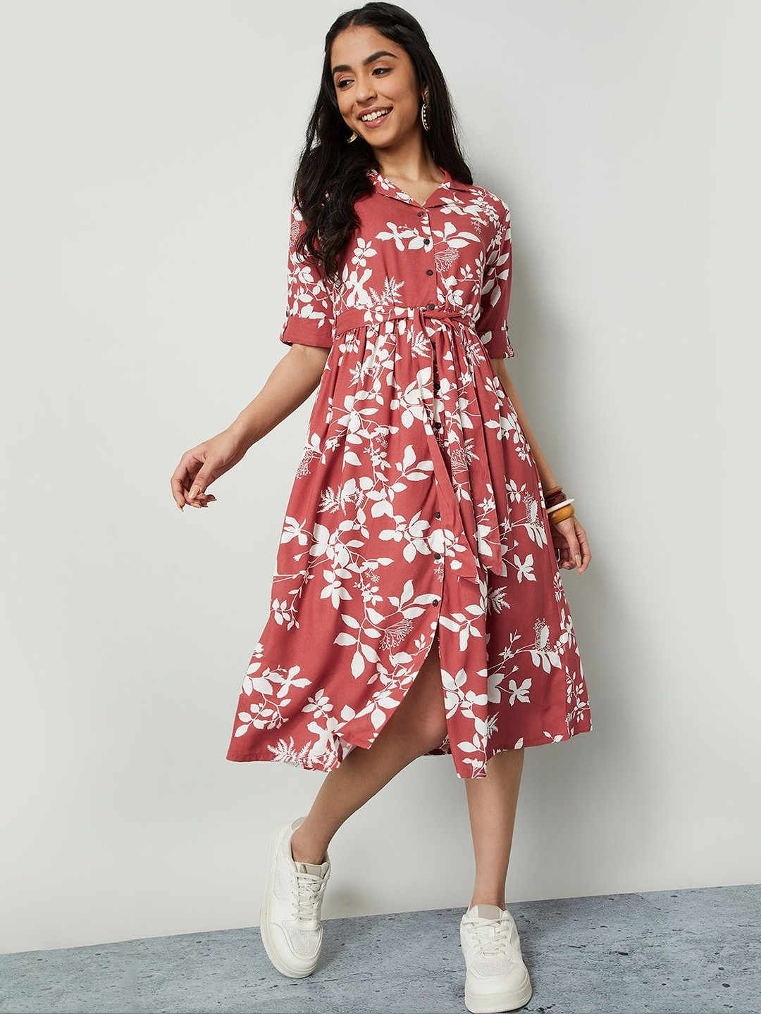 Colour Me by Melange Floral Print Shirt Midi Dress