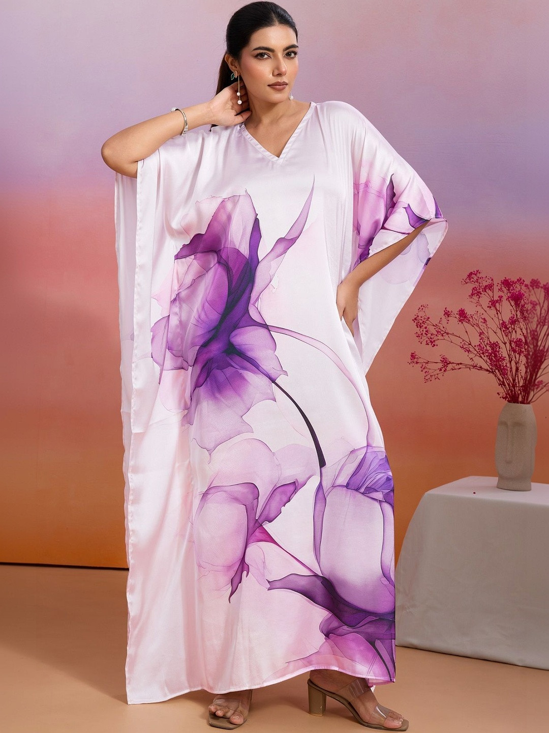 LABEL AARNA Lavender Haze Soft Satin Women Kaftan Dress With Digital Print