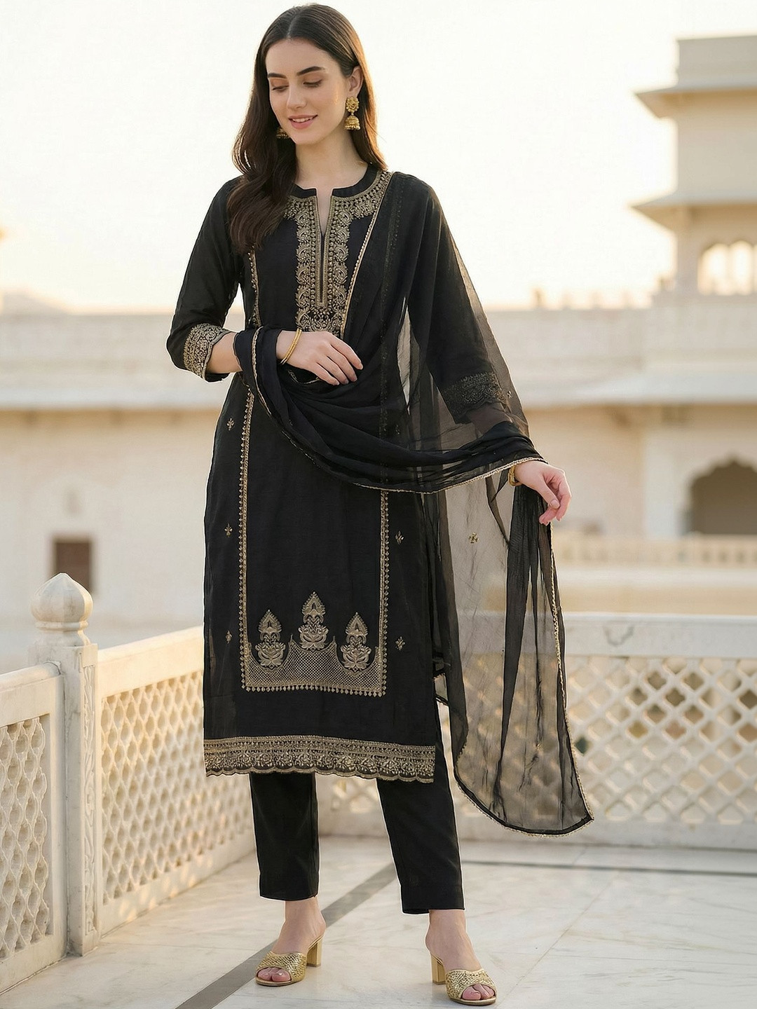 Indo Era Women Ethnic Motifs Embroidered Regular Kurta with Trousers & With Dupatta