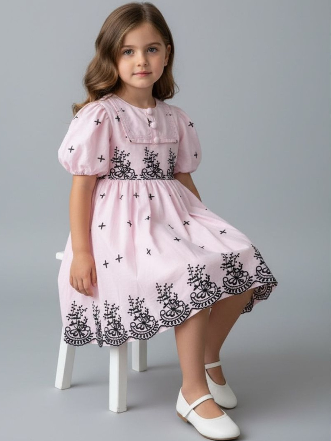 Sangria Girls Embroidered Cotton Dress with Scallop Hem