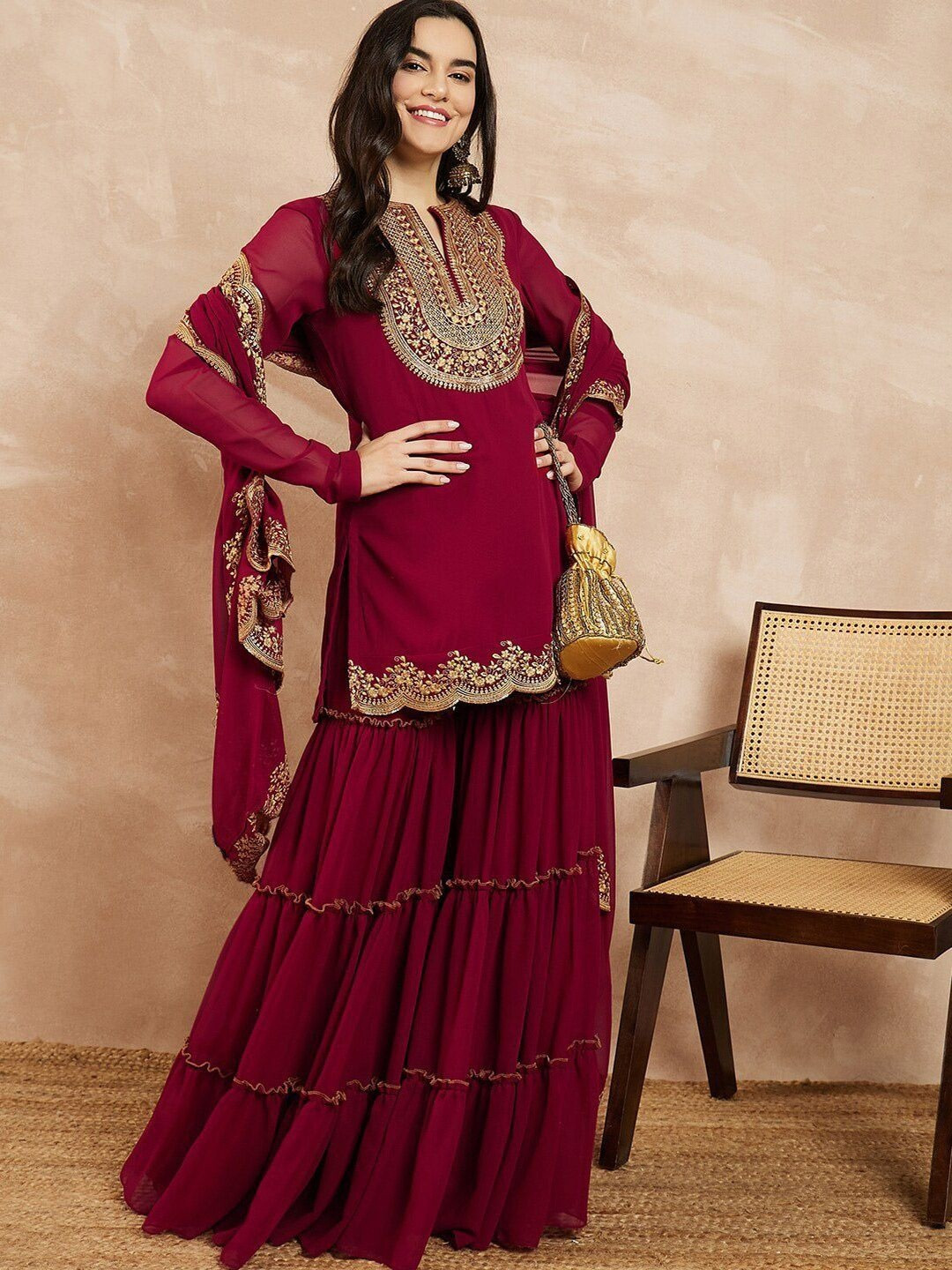 ZOEMIRA Women Ethnic Motifs Embroidered Regular Kurta with Sharara & With Dupatta