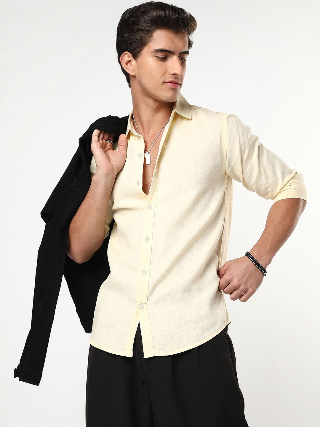 Urbano Fashion Men Tender Yellow Linen Blend Full Sleeve Relaxed Fit Casual Solid Shirt