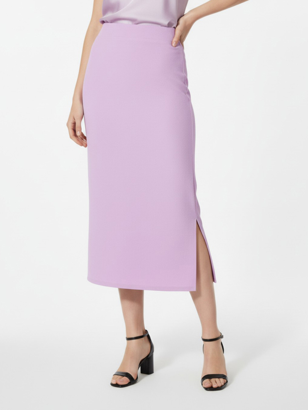 AIOQ Lavendar Solid Below Knee Slit Women Pencil Skirt