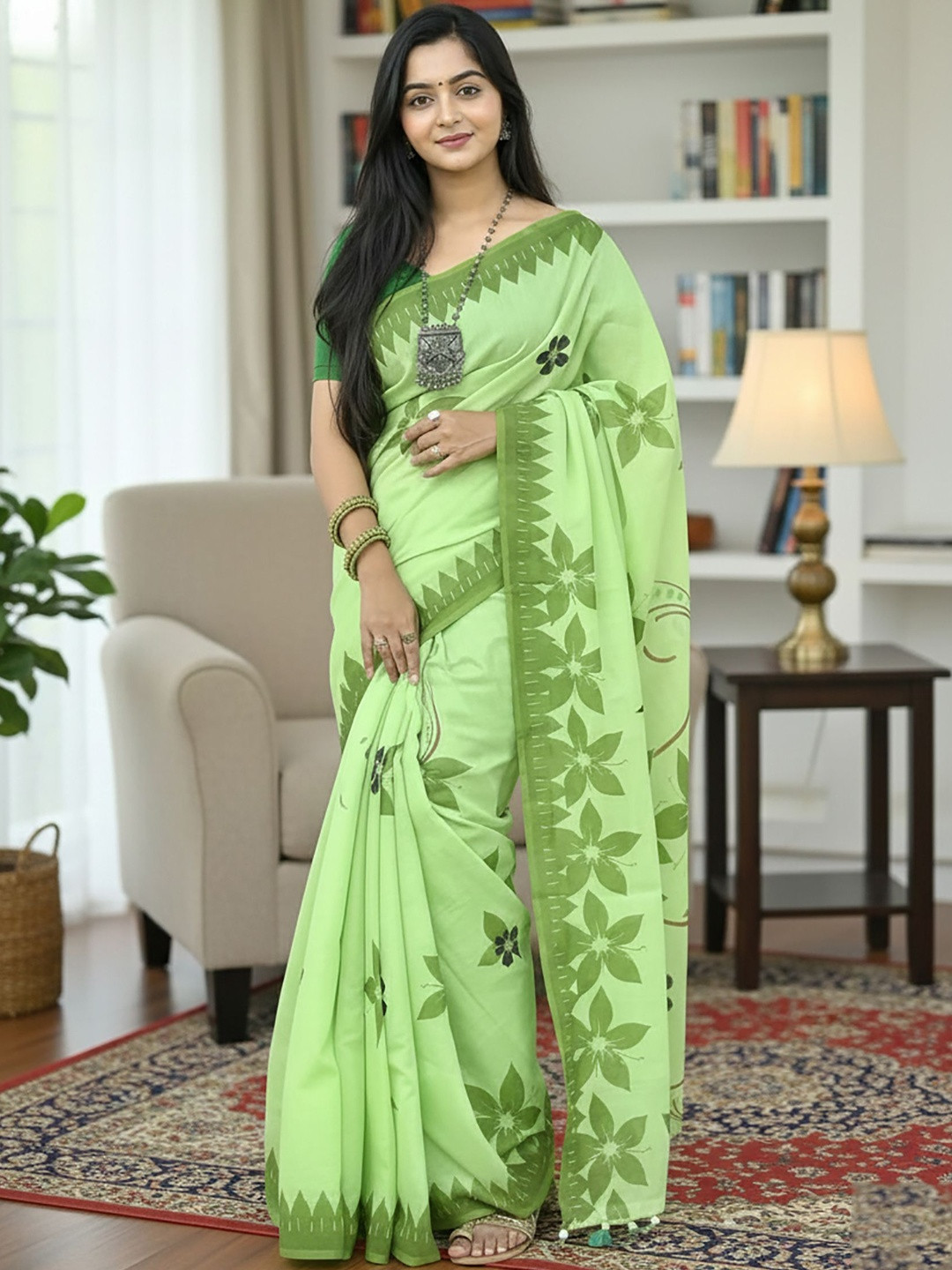 Mitera Floral Linen Blend Block Print Saree