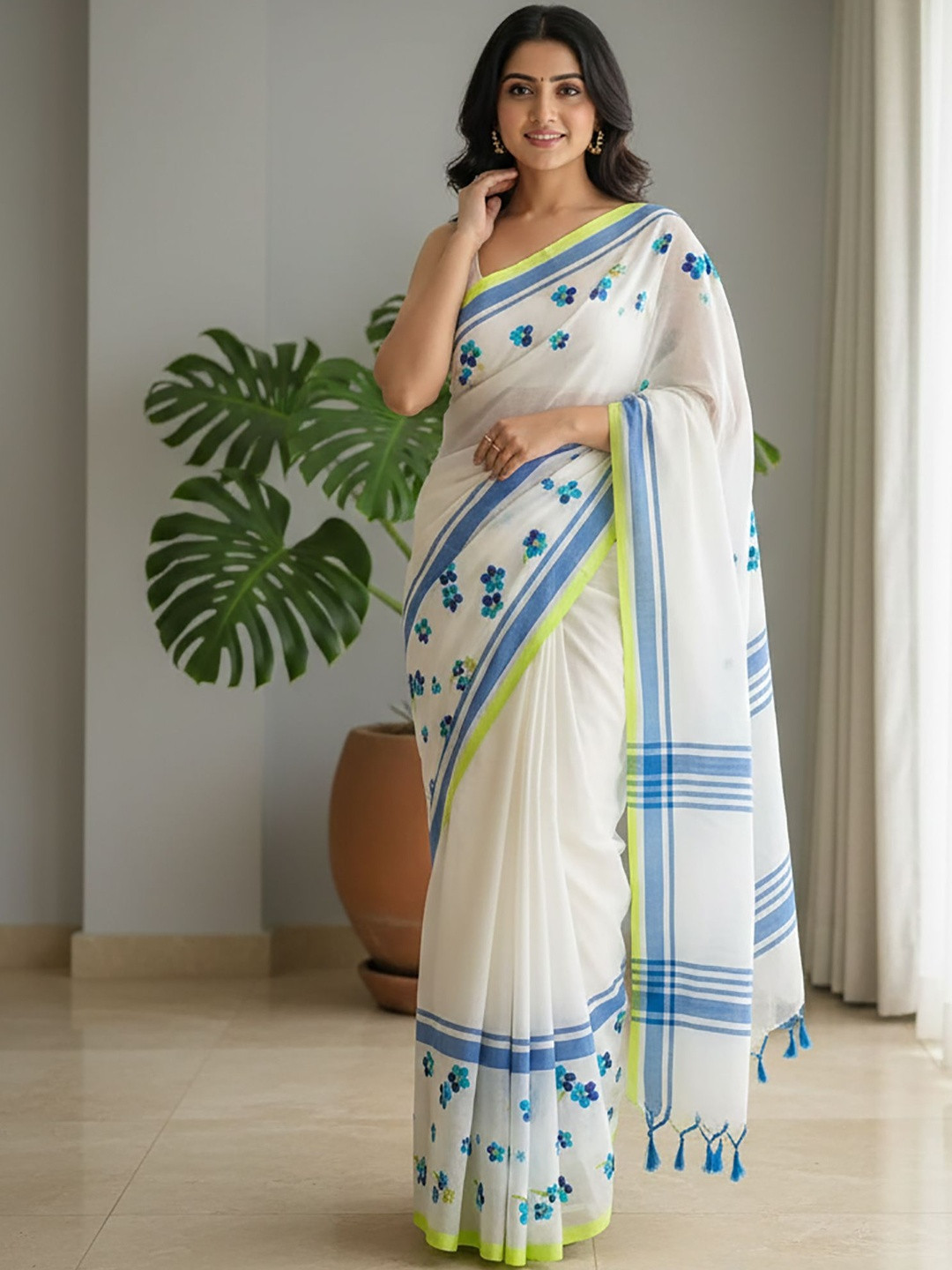 Mitera Floral Linen Blend Block Print Saree