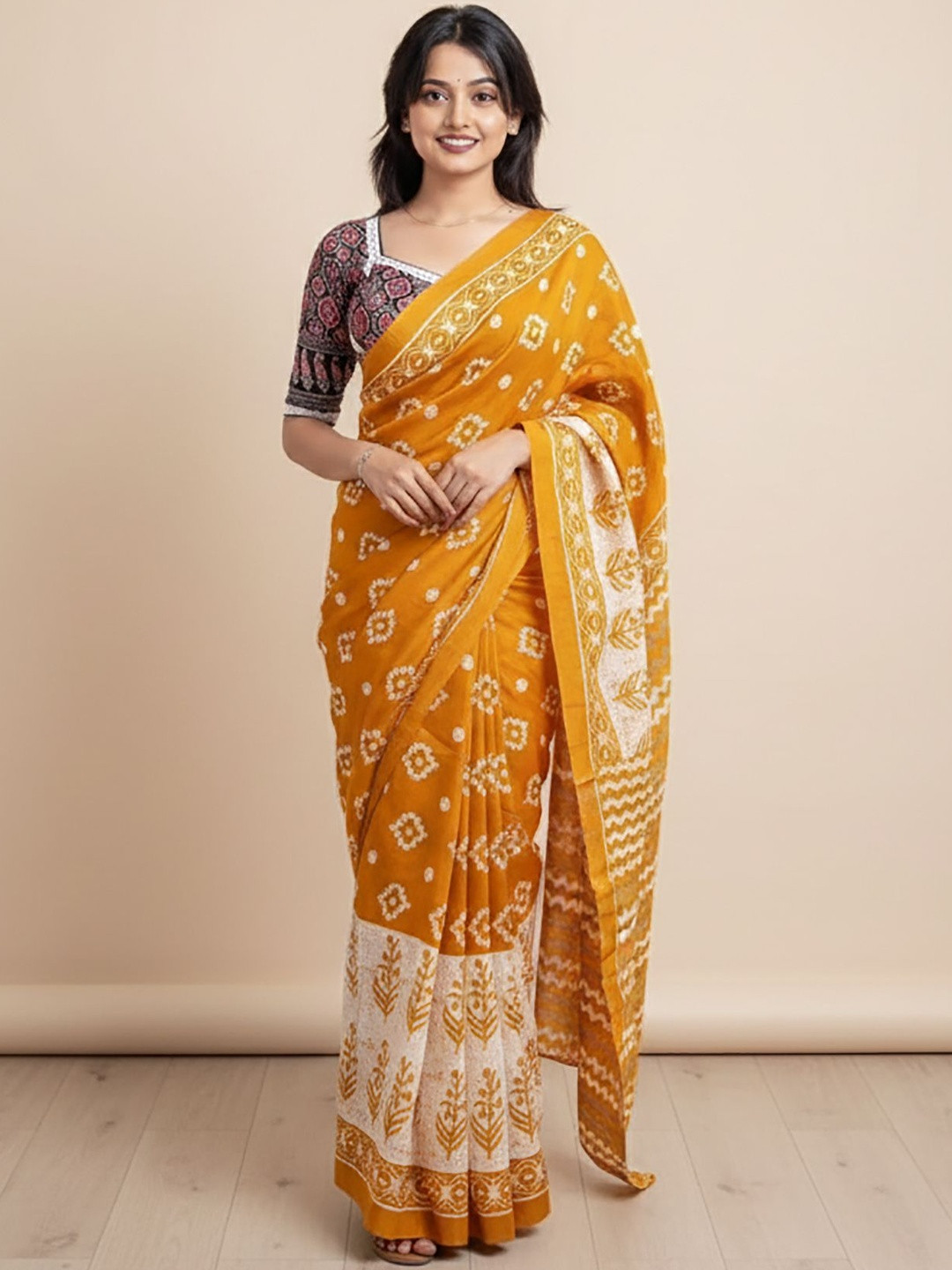 Mitera Ethnic Motifs Linen Blend Block Print Saree