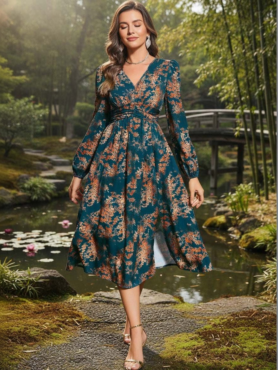 GENZILOOKS Print Fit & Flare Midi Dress