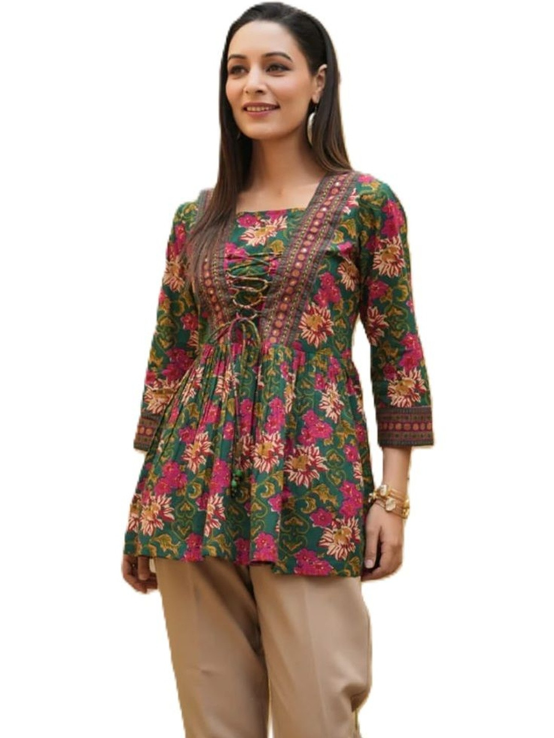 JAITRA APPARELS Floral Printed Square Neck Thread Work Pure Cotton Thread Work Empire Kurti
