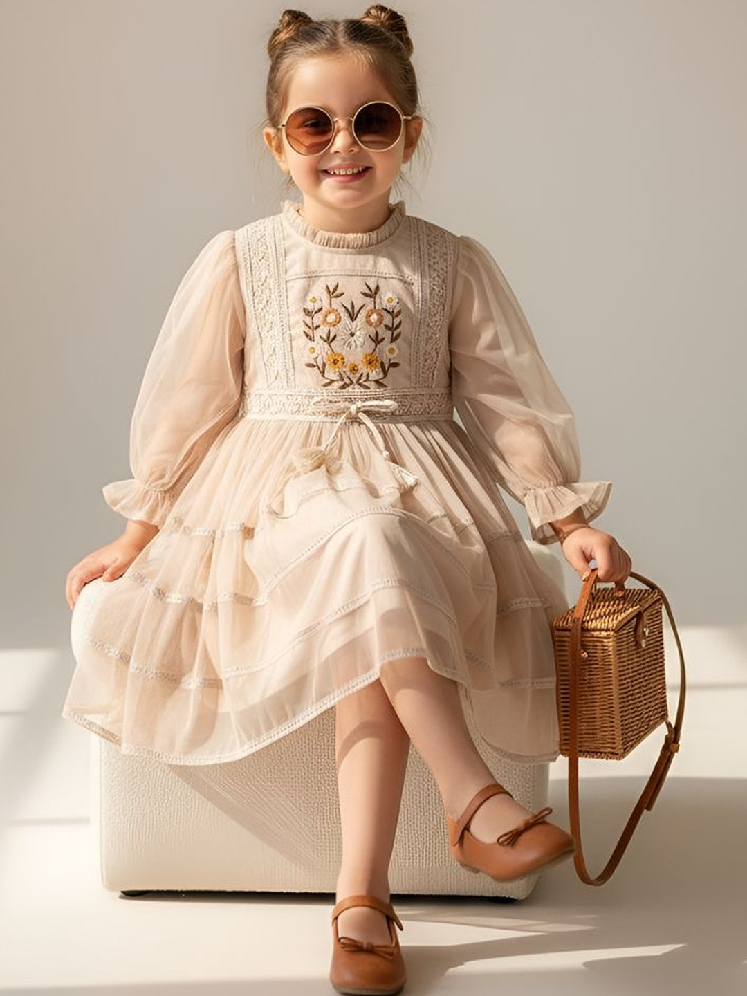 Sangria Girls Embroidered Full Sleeves Dress With Tassel Belt