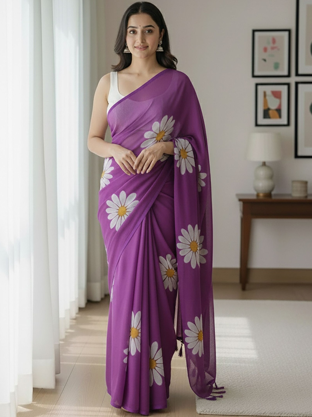 Anjaneya Sarees Floral Linen Blend Block Print Saree